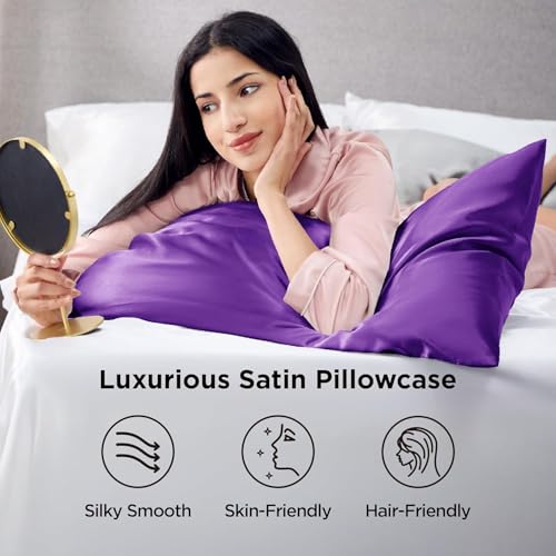 GO WELL Solid Satin Silk Pillow Covers Pack of 2 for Hair and Skin-with Satin Scrunchies |Satin Pillow coves for Hair and Skin|scrunchies for Women 3-Piece|Silk Pillow case (Darkpurple) 600 TC - Image 5