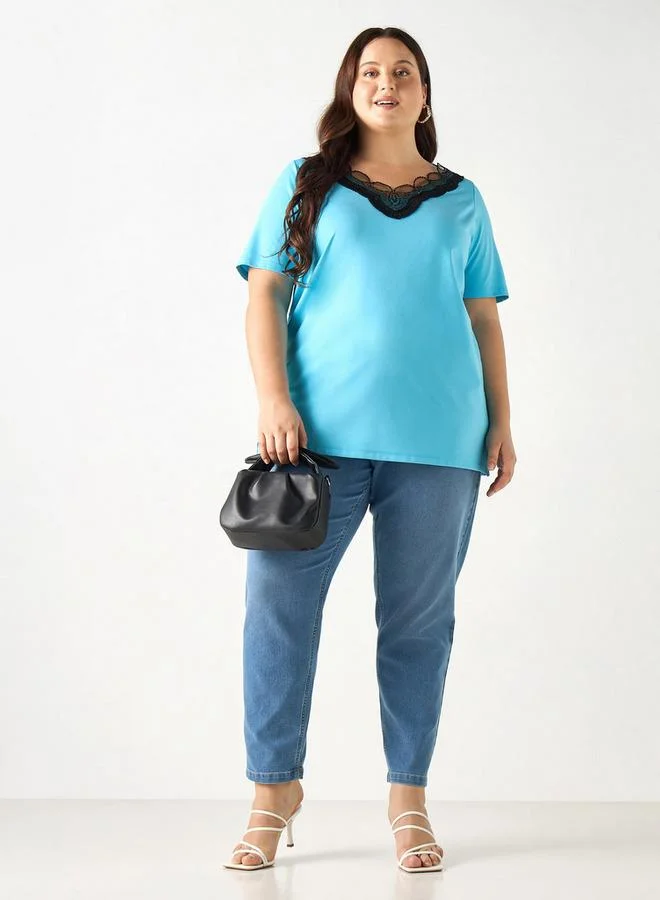 Ulla Popken Plus Size Ulla Popken Lace Detail V-neck T-shirt with Short Sleeves