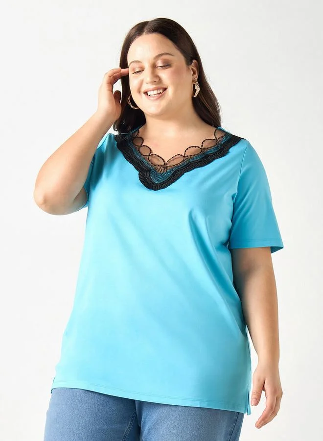 Ulla Popken Plus Size Ulla Popken Lace Detail V-neck T-shirt with Short Sleeves