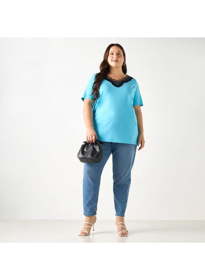 Ulla Popken Plus Size Ulla Popken Lace Detail V-neck T-shirt with Short Sleeves  - Image 2