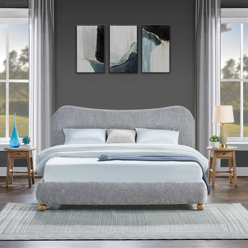 الزخارف للمفروشات سرير روما عصري مبطن – مقاس كوين 160×200 سم، قماش بوكليه ناعم بملمس محبب مع لوح رأس منحني مبطن، تصميم منخفض فاخر لغرفة النوم، طابع معاصر أنيق – لون رمادي - Image 2