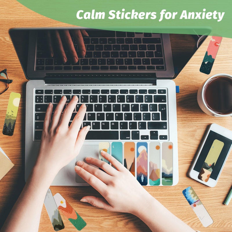 TOEMUR 72 Pieces Anxiety Sensory Stickers With Storage Box - Calming Stickers 2 Textured Surface - Fidget Strips For Office & Classroom Desk Adult & Teen Stress (Landscape) - Image 4