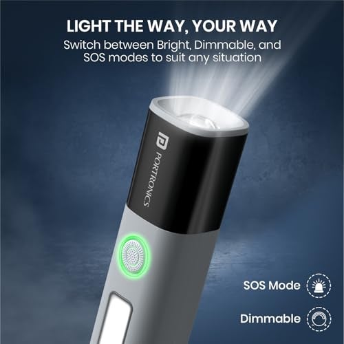Portronics Eco Glow 2 Tactical Rechargeable Flashlight Torch for Car & Road Emergencies, Adjustable Focus with Telescopic Zoom, Dual Brightness & SOS Modes, 1200mAh Battery for Camping & Hiking - Image 5