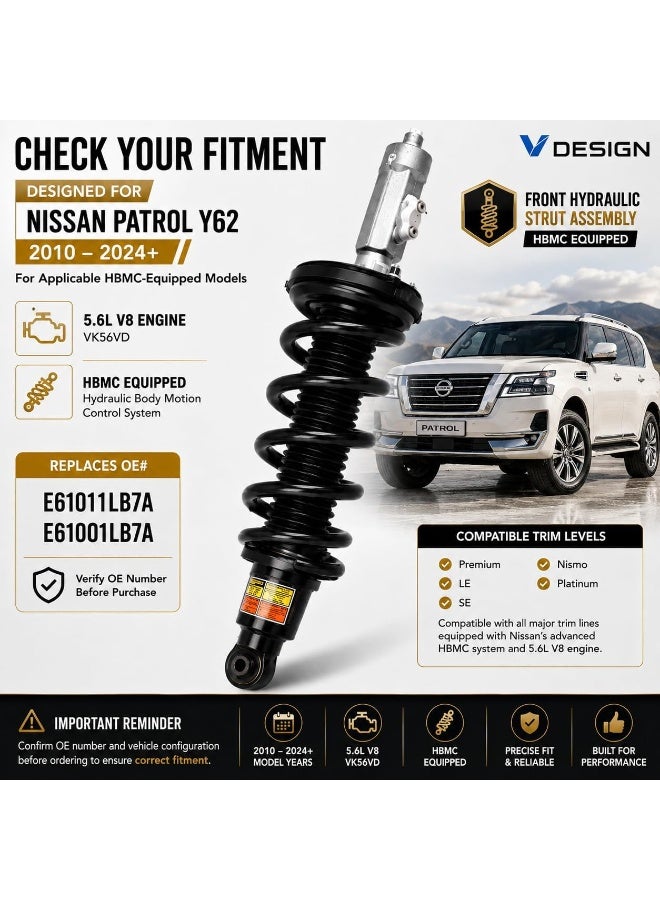 V DESIGN Front Hydraulic Shock Absorber & Coil Spring Strut Assembly for Nissan Patrol Y62 2010-2024+, HBMC Equipped, 5.6L V8 VK56VD, Replace OE E61011LB7A E61001LB7A - Image 5