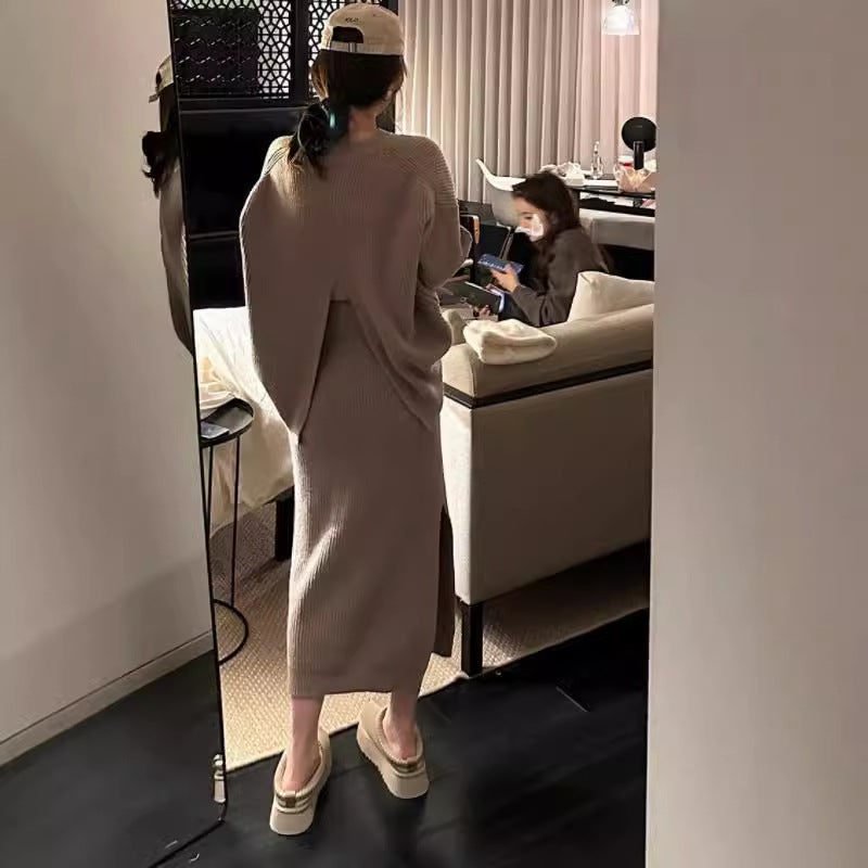 Chic Back Slit Sweater  Side Split Skirt Set White - Image 3