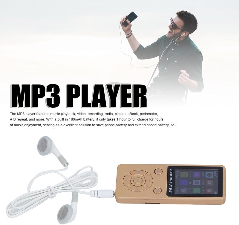 مشغل MP3 MP4 بشاشة ملونة بحجم 1.8 بوصة، مشغل موسيقى محمول عالي الدقة (ذهبي) - Image 5