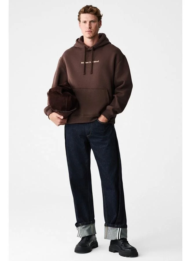GRIMELANGE BLAISE Men's Front and Back Printed Hooded Corded Kangaroo Pocket Regular Fit Brown Sweatshirt.