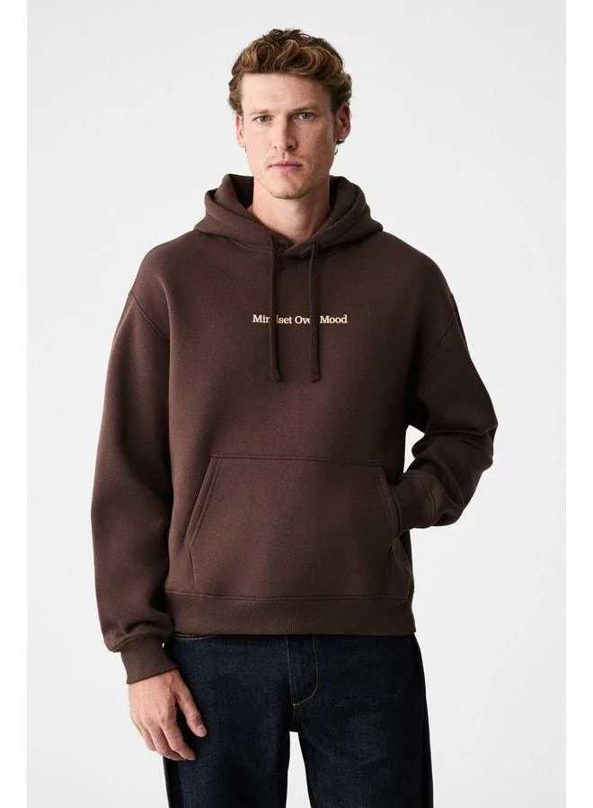 GRIMELANGE BLAISE Men's Front and Back Printed Hooded Corded Kangaroo Pocket Regular Fit Brown Sweatshirt.