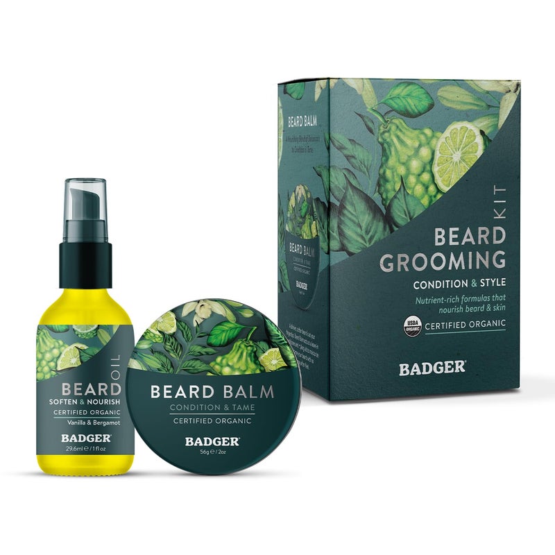 Badger Beard Grooming Kit Organic Beard Oil Bottle  Organic Beard Balm Tin Subtle Masculine Scent Organic Mens Beard Care for Healthy Beard Growth 2Pack