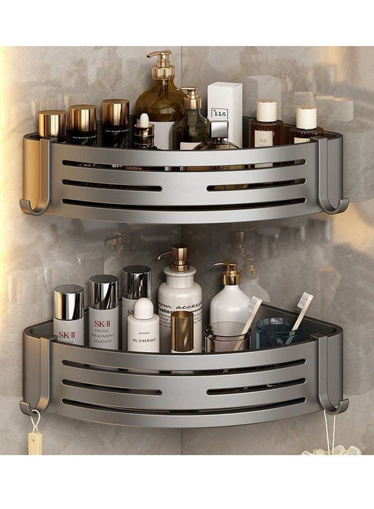 JOYBOS رف تخزين الحمام الخالي من الثقب، رف تخزين متكامل، رف تخزين المرحاض، رف تخزين بطبقة مزدوجة باللون الرمادي - Image 2