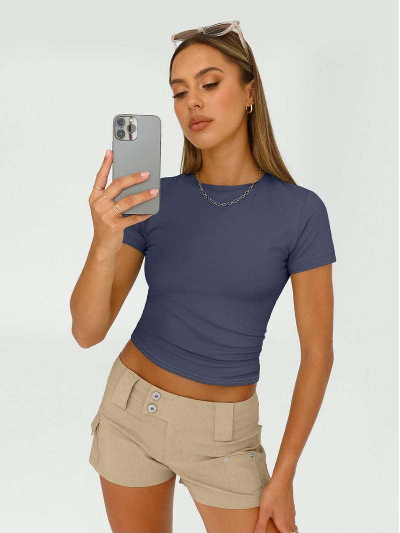 AUTOMET Womens 3 Piece Short Sleeve Shirts Basic Going Out Slim Fitted Crop Tops 2026 Summer Y2k Spring Clothes Black,White,Navy M - Image 3