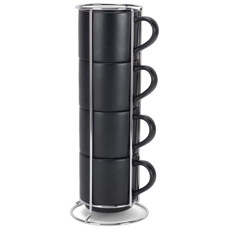 Nat  Jules Stacking Black 14 ounce Ceramic Stoneware Mugs With Stand Set of 4