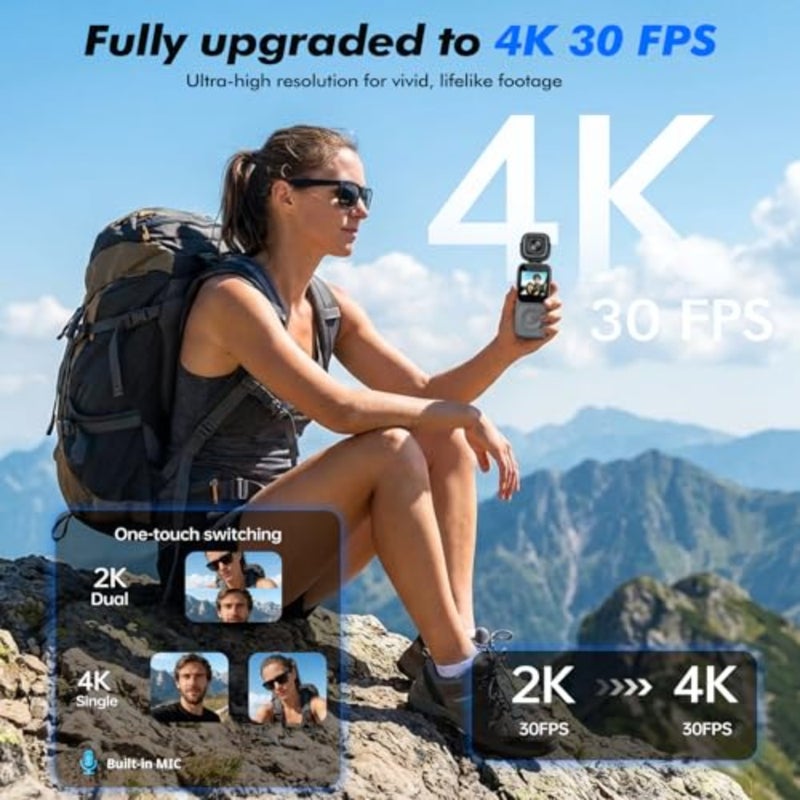 كاميرا أكشن 4K، كاميرا للجسم، كاميرا POV محمولة بعدسة مزدوجة عالية الدقة تدور 180 درجة، كاميرا أكشن صغيرة مع واي فاي، مدونة فيديو محمولة، لركوب الدراجات والمشي لمسافات طويلة في الهواء الطلق - Image 3