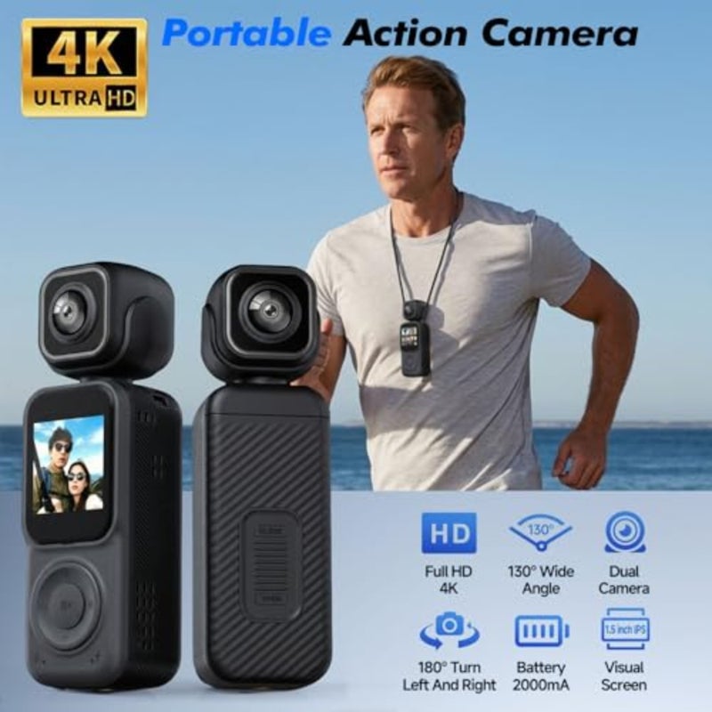 كاميرا أكشن 4K، كاميرا للجسم، كاميرا POV محمولة بعدسة مزدوجة عالية الدقة تدور 180 درجة، كاميرا أكشن صغيرة مع واي فاي، مدونة فيديو محمولة، لركوب الدراجات والمشي لمسافات طويلة في الهواء الطلق - Image 2
