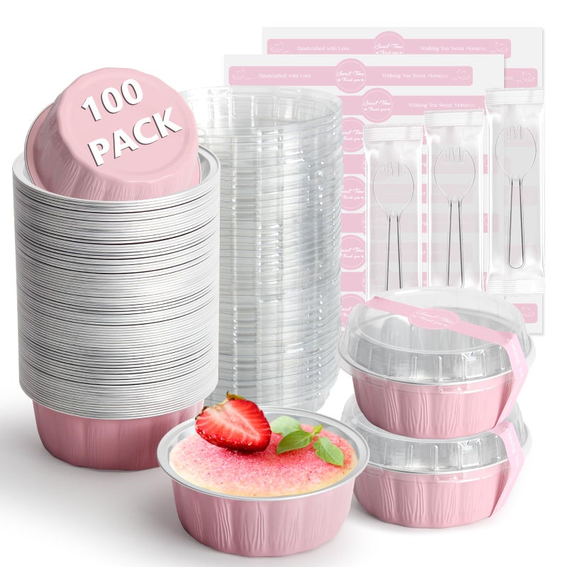 Ruckae 100 PCS 8oz Round Mini Baking Cups with Lids,Mini Loaf Pans with Lids,Disposable Aluminum Foil Ramekins Baking Cups for Birthday Party Weddings (Pink, 8oz) - Image 1