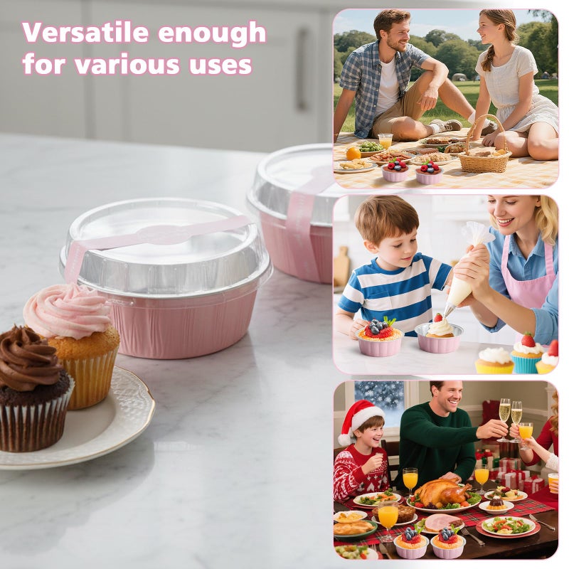 Ruckae 100 PCS 8oz Round Mini Baking Cups with Lids,Mini Loaf Pans with Lids,Disposable Aluminum Foil Ramekins Baking Cups for Birthday Party Weddings (Pink, 8oz) - Image 5