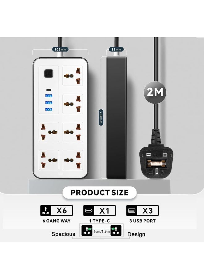 Eworld Power Strip Extension Cord with 2M Cable, 6 Universal Sockets, 3 USB & 1 Type-C Ports, Surge Protection, Wall Mountable – Home & Office - Image 2