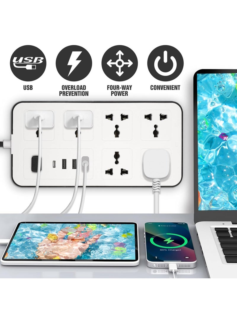 Eworld Power Strip Extension Cord with 2M Cable, 6 Universal Sockets, 3 USB & 1 Type-C Ports, Surge Protection, Wall Mountable – Home & Office - Image 3