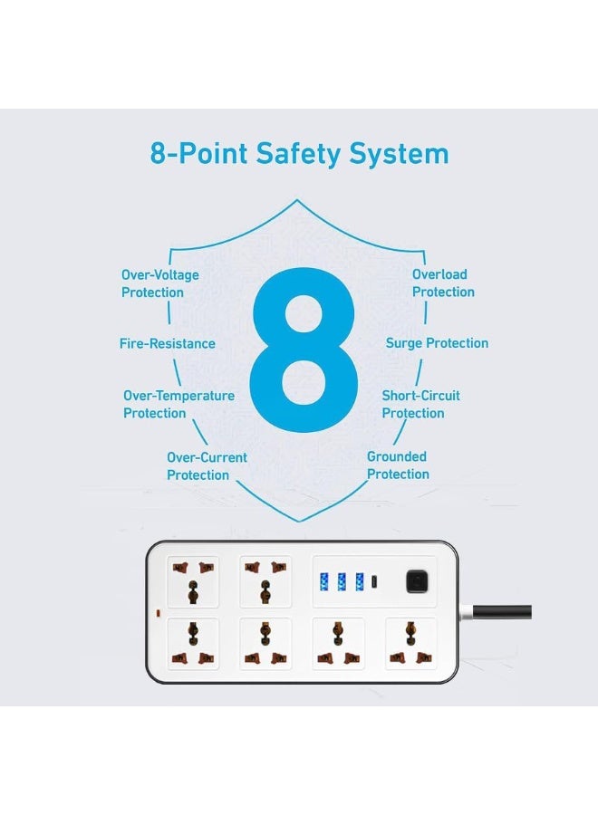 Eworld Power Strip Extension Cord with 2M Cable, 6 Universal Sockets, 3 USB & 1 Type-C Ports, Surge Protection, Wall Mountable – Home & Office - Image 4