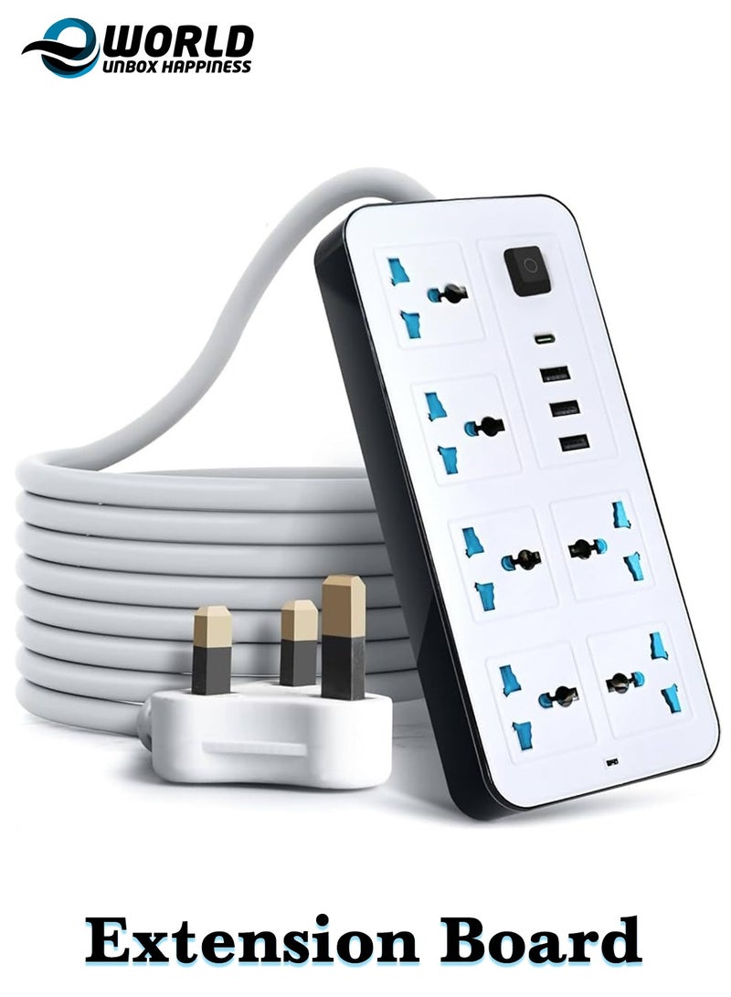 Eworld Power Strip Extension Cord with 2M Cable, 6 Universal Sockets, 3 USB & 1 Type-C Ports, Surge Protection, Wall Mountable – Home & Office - Image 1