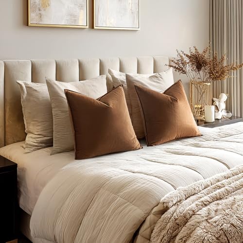 MIULEE عبوة من 2 غطاء وسادة مزخرف من المخمل البني ناعم غطاء وسادة مربع صلب يورو شيم لحالة الوسادة للكنبة غرفة النوم السيارة 24x24 بوصة 60x60 سم - Image 3