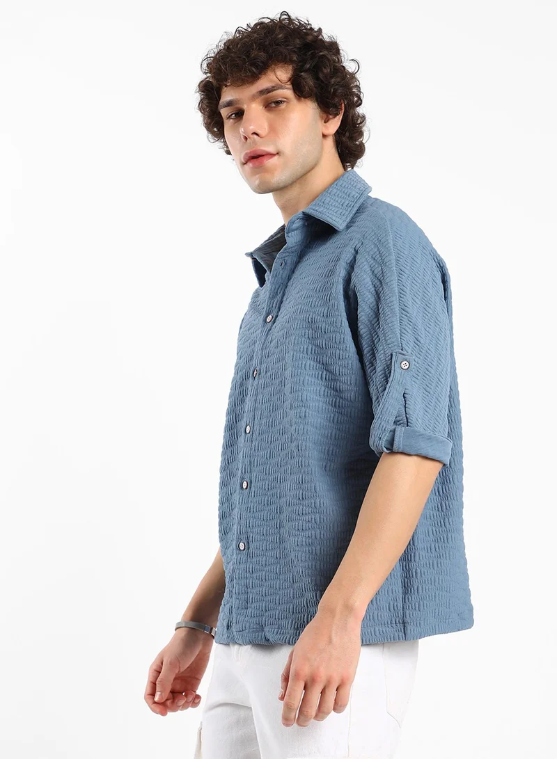 كامبوس سوترا Men's Steel Blue Wave-Tactile Relaxed Shirt