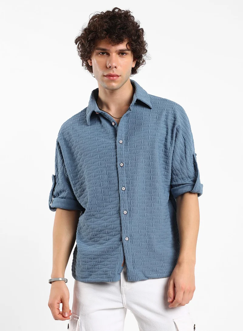 Campus Sutra Men's Steel Blue Wave-Tactile Relaxed Shirt