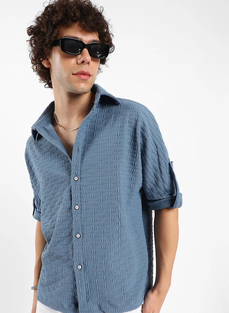 Campus Sutra Men's Steel Blue Wave-Tactile Relaxed Shirt