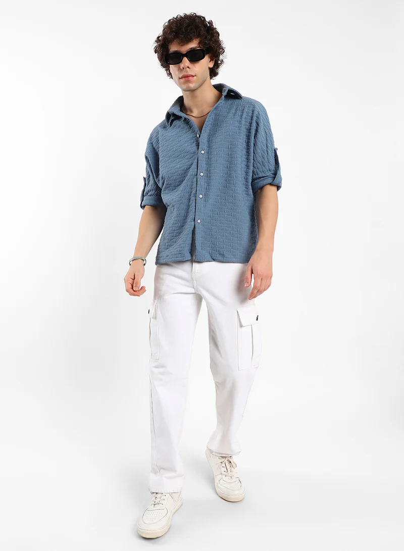 كامبوس سوترا Men's Steel Blue Wave-Tactile Relaxed Shirt