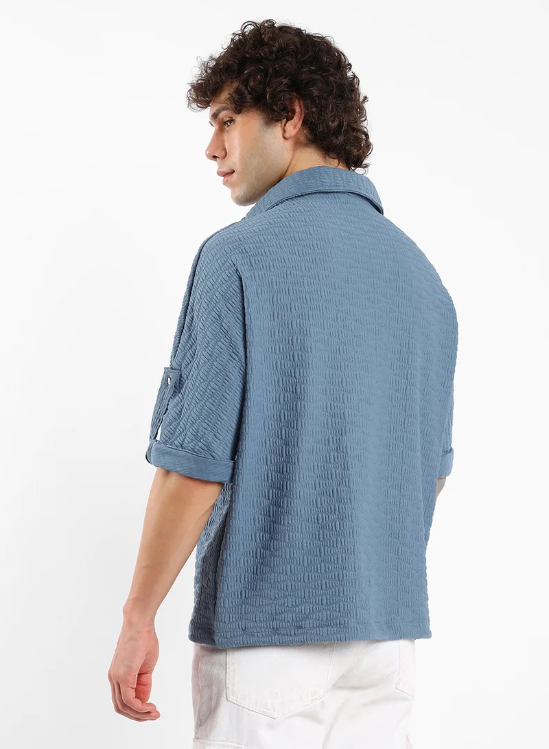 كامبوس سوترا Men's Steel Blue Wave-Tactile Relaxed Shirt
