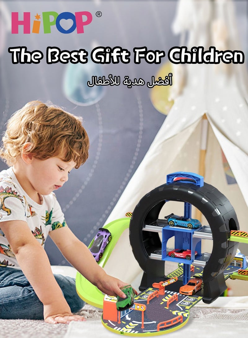 HIPOP Parking Set Toy With Four Alloy Cars, Detachable Track Toy Car Set - Image 2