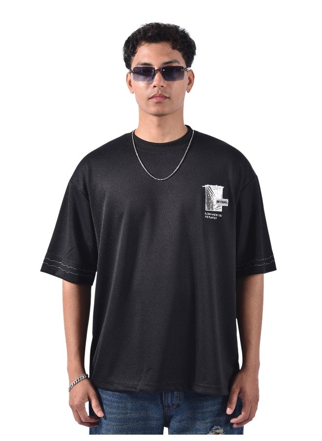 Beyoung Black Applique Patch HD Print Oversized T-Shirt  - Image 3