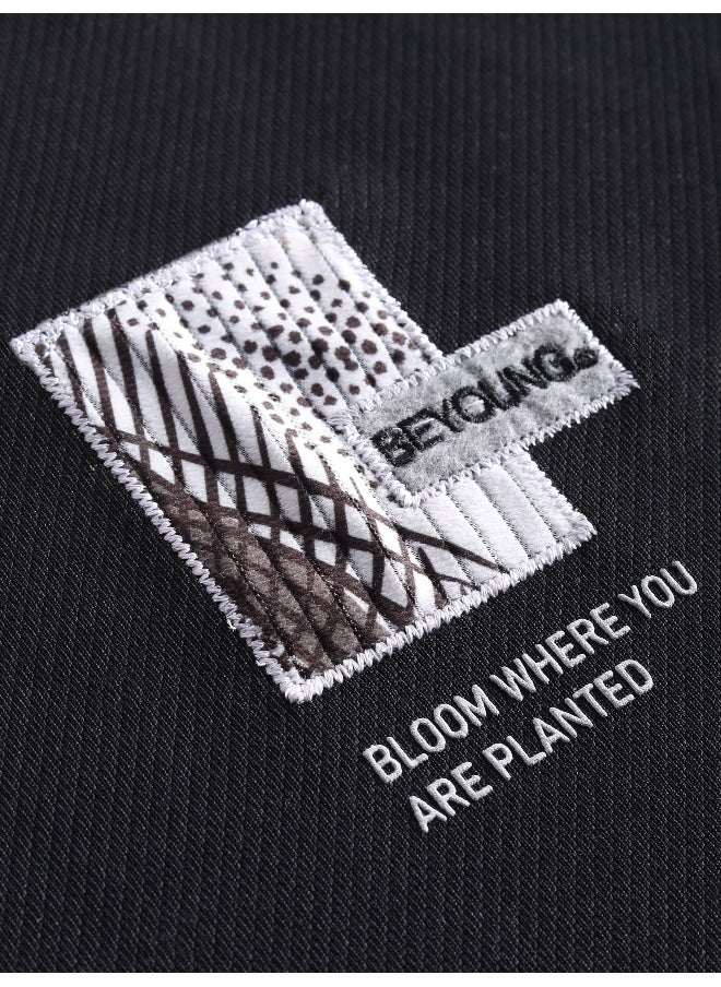 Beyoung Black Applique Patch HD Print Oversized T-Shirt  - Image 5