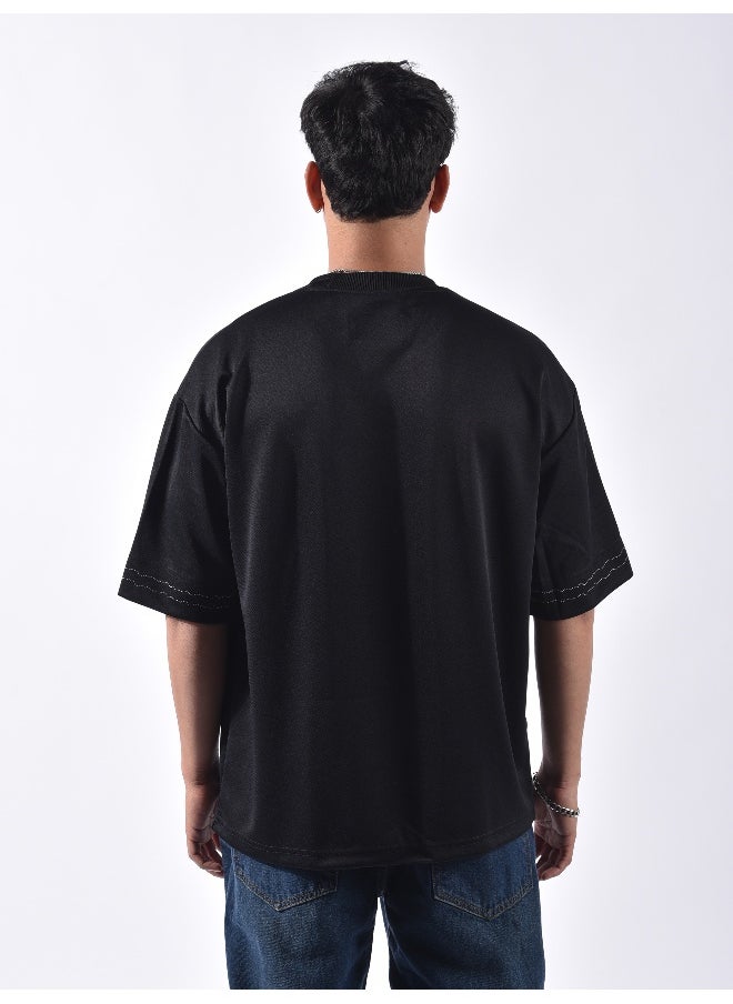 Beyoung Black Applique Patch HD Print Oversized T-Shirt  - Image 1