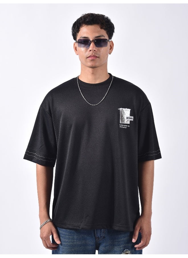Beyoung Black Applique Patch HD Print Oversized T-Shirt  - Image 2