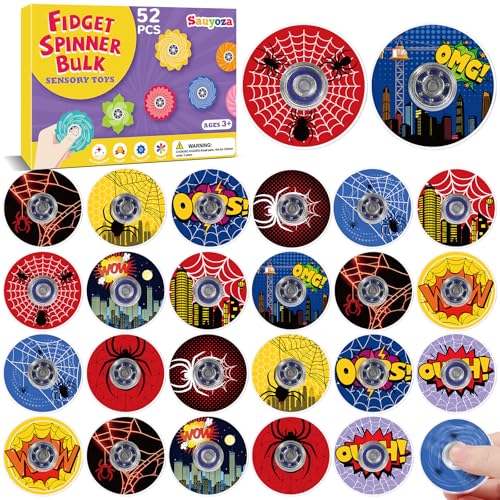 Sauyoza 52 Pcs Fidget Spinners Bulk for Kids Spider Web Hero Theme Party Favors 157 Mini Fidget Toys for Goodie Bag Stuffers Classroom Prizes Sensory Toys for Boys Girls Birthday Gift - Image 1