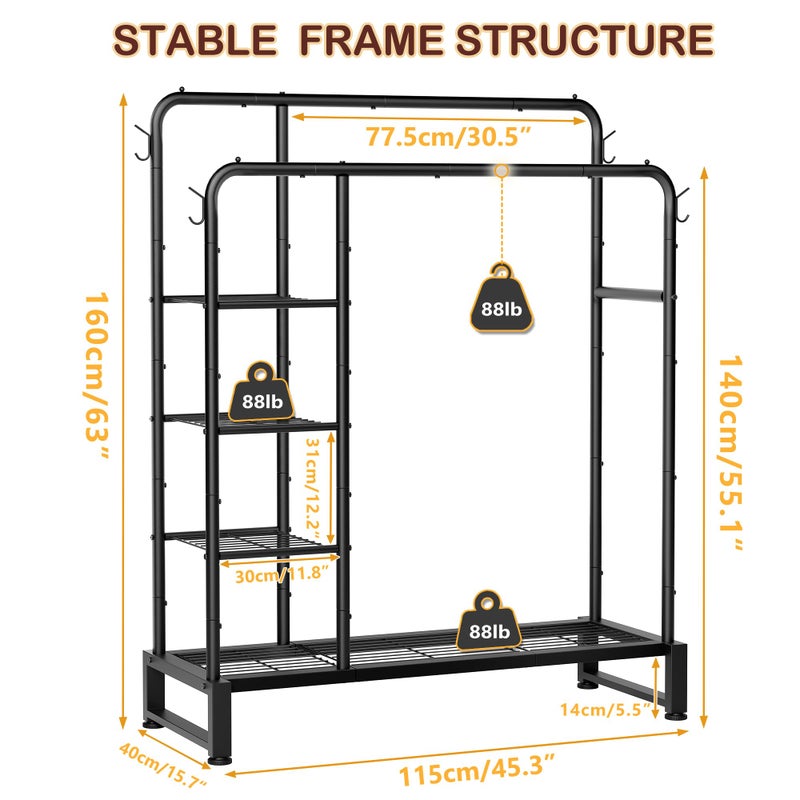 HOMIDEC Double Rods Clothes Rack Clothing Rack with 4 Tier Storage Shelves Clothes Rack for Hanging Clothes Multifunctional Heavy Duty Clothes Organizer with Hooks for Bedroom,Wardrobe Closet,Shop,Black - Image 3