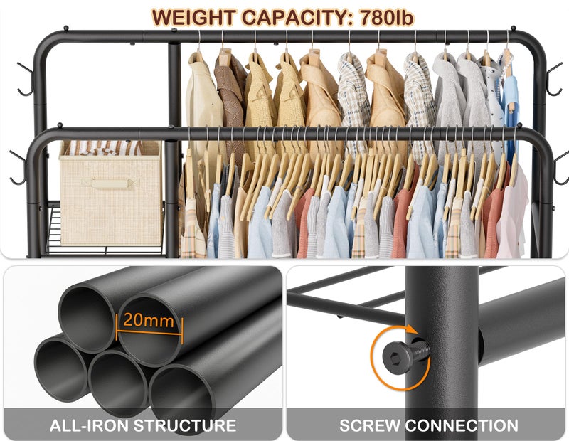 HOMIDEC Double Rods Clothes Rack Clothing Rack with 4 Tier Storage Shelves Clothes Rack for Hanging Clothes Multifunctional Heavy Duty Clothes Organizer with Hooks for Bedroom,Wardrobe Closet,Shop,Black - Image 5