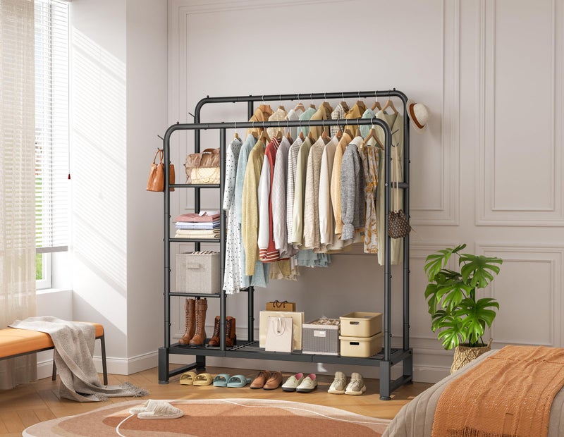 HOMIDEC Double Rods Clothes Rack Clothing Rack with 4 Tier Storage Shelves Clothes Rack for Hanging Clothes Multifunctional Heavy Duty Clothes Organizer with Hooks for Bedroom,Wardrobe Closet,Shop,Black - Image 2