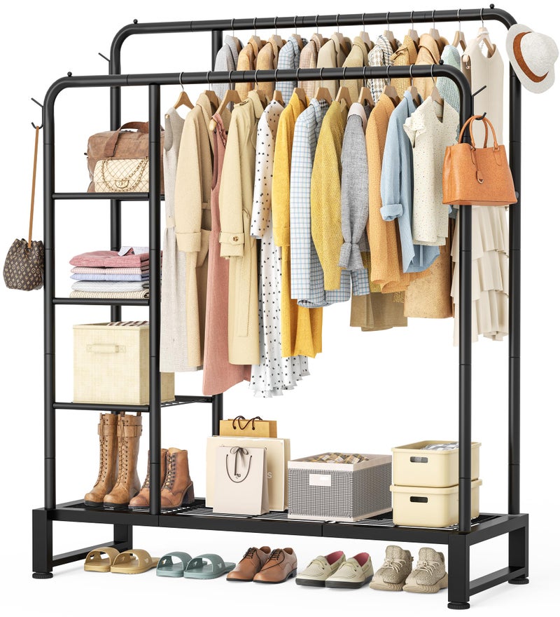 HOMIDEC Double Rods Clothes Rack Clothing Rack with 4 Tier Storage Shelves Clothes Rack for Hanging Clothes Multifunctional Heavy Duty Clothes Organizer with Hooks for Bedroom,Wardrobe Closet,Shop,Black - Image 1