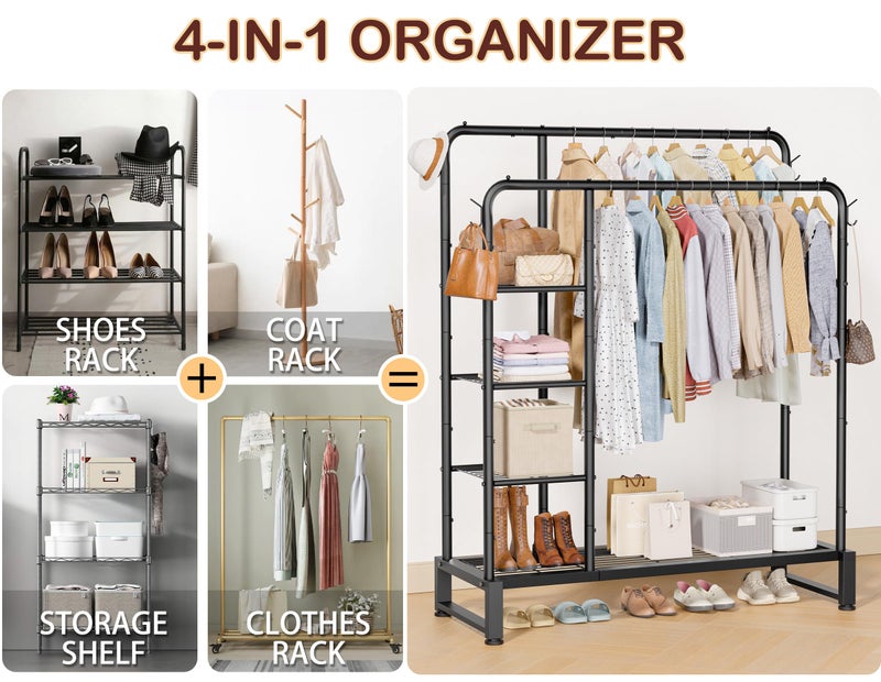 HOMIDEC Double Rods Clothes Rack Clothing Rack with 4 Tier Storage Shelves Clothes Rack for Hanging Clothes Multifunctional Heavy Duty Clothes Organizer with Hooks for Bedroom,Wardrobe Closet,Shop,Black - Image 4