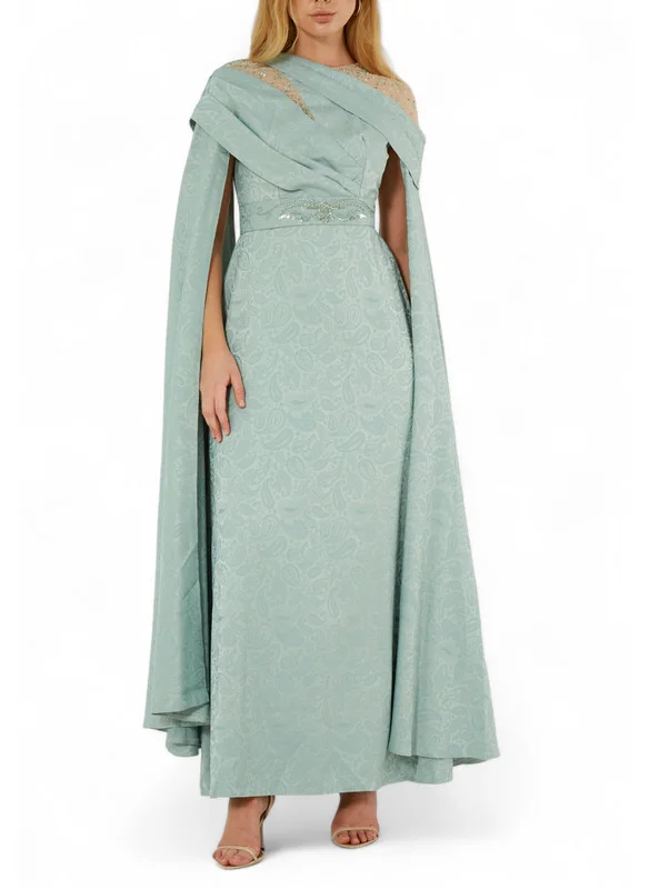 امري Beautiful Asymmetrical Pattered Long Dress With Embroidery Details And Long Cape Sleeves