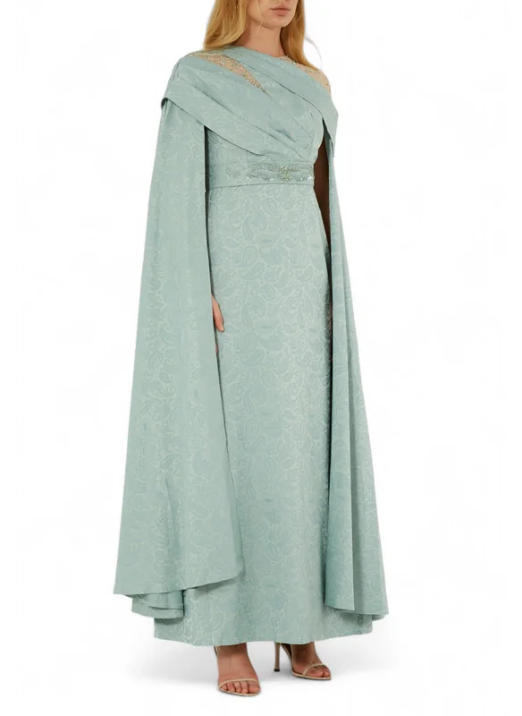 امري Beautiful Asymmetrical Pattered Long Dress With Embroidery Details And Long Cape Sleeves