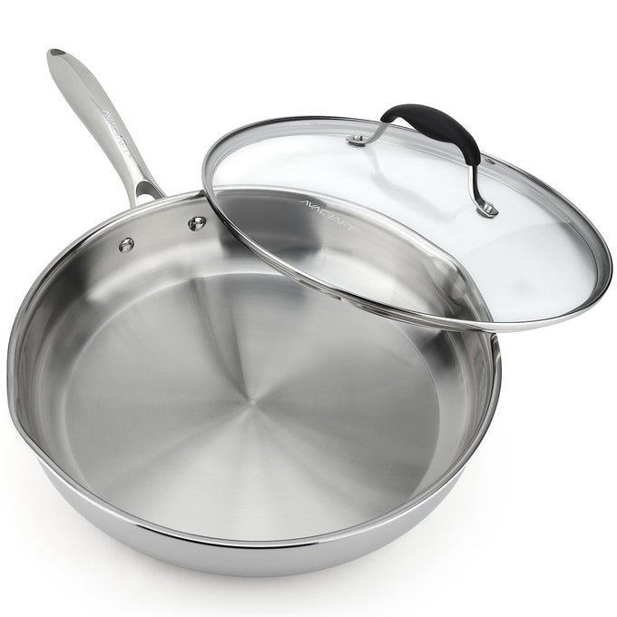 1810 12 INCH STAINLESS STEEL FRYING PAN WITH LID SIDE SPOUTS INDUCTION PAN VERSATILE STAINLESS STEEL SKILLET FRY PAN IN OUR POTS AND PANS TRIPLY STAINLESS STEEL 12 INCH
