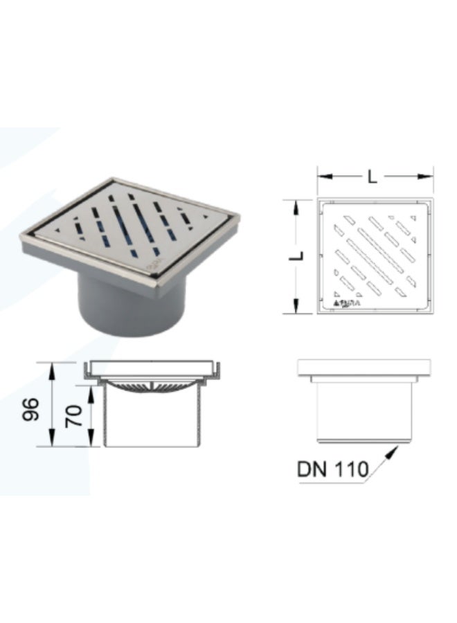 بيورا غطاء بلاعة أرضية ستانلس ستيل 304 ثقيل التحمل بقاعدة ABS مخرج DN110 | مصفاة صرف مربعة بفلتر شعر مانع انسداد | بلاعة حمام مطبخ بلكونة خارجية مقاسات 100×100 150×150 200×200 مم - Image 3