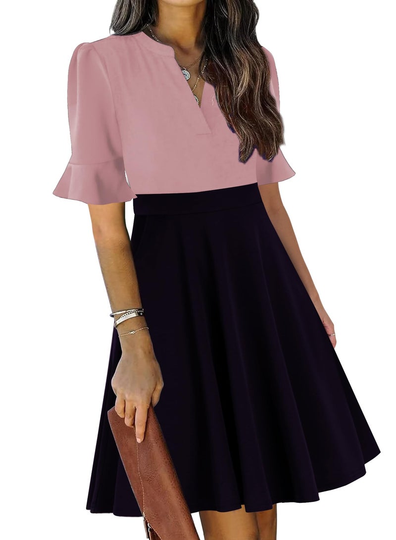 Mokayee Womens Summer Dresses 2026 Black Color Block Ruffle Sleeve V-Neck Fit and Flare Aline Cute Cocktail Sunday Church Classy Elegant Petite Business Casual Interview Work Dress with Pockets L - Image 1