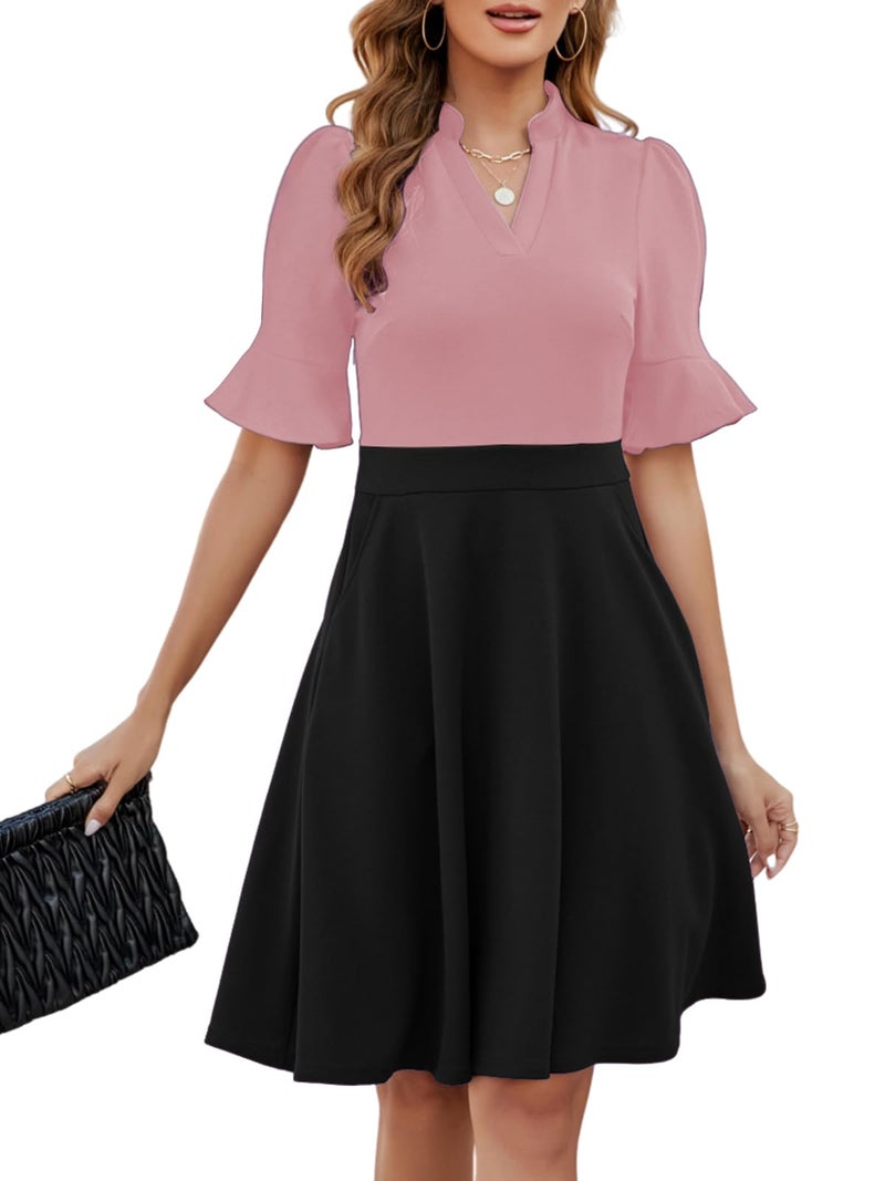 Mokayee Womens Summer Dresses 2026 Black Color Block Ruffle Sleeve V-Neck Fit and Flare Aline Cute Cocktail Sunday Church Classy Elegant Petite Business Casual Interview Work Dress with Pockets L - Image 4