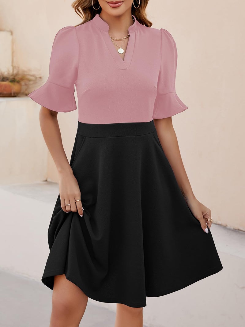 Mokayee Womens Summer Dresses 2026 Black Color Block Ruffle Sleeve V-Neck Fit and Flare Aline Cute Cocktail Sunday Church Classy Elegant Petite Business Casual Interview Work Dress with Pockets L - Image 3