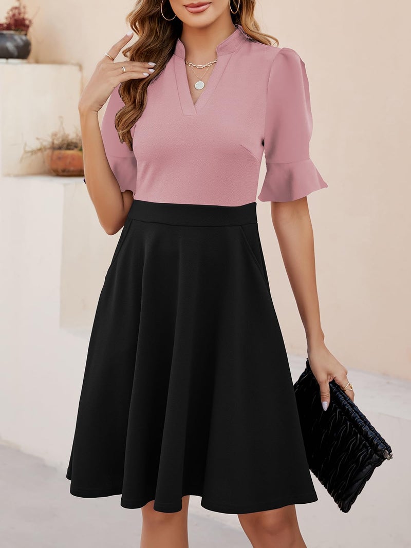 Mokayee Womens Summer Dresses 2026 Black Color Block Ruffle Sleeve V-Neck Fit and Flare Aline Cute Cocktail Sunday Church Classy Elegant Petite Business Casual Interview Work Dress with Pockets L - Image 2