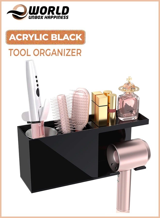 Eworld Black Acrylic Wall-Mounted Hair Tools Organizer, with 4 Compartments, Removable Steel Cup and Hanging Space for Blow Dryer for Vanity, Bathroom, Toiletries and Makeup Storage - Image 1